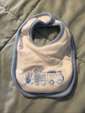 Blue & White Baby Bib with Train Embroidery